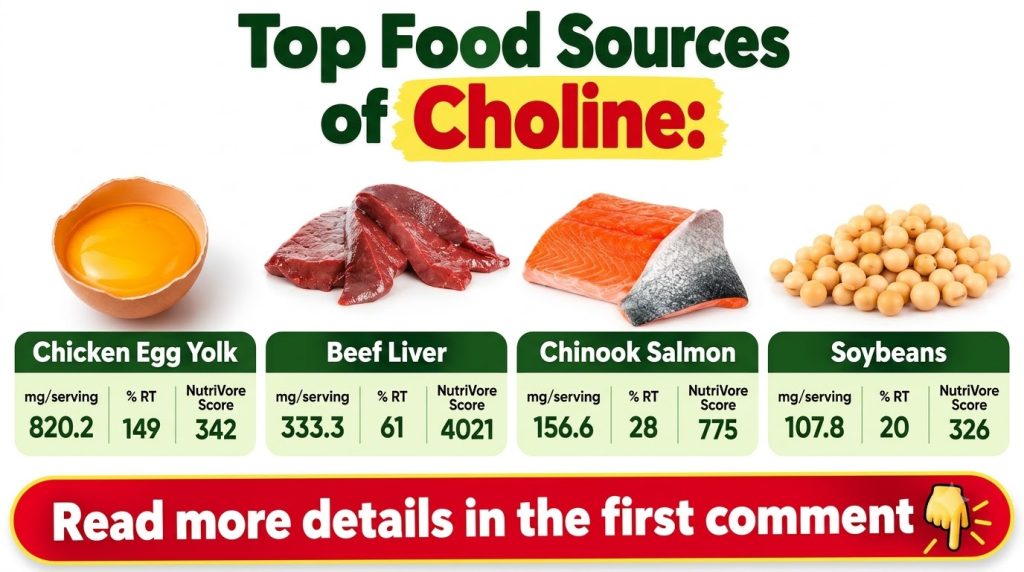 Infographic showing top food sources of choline chicken egg yolk beef liver Chinook salmon and soybeans with nutritional