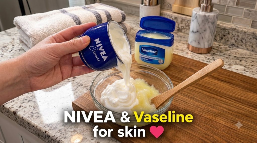 A hand pouring Nivea Creme into a glass bowl with Vaseline mixing them with a wooden stirrer An open Vaseline container