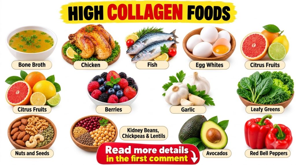 A grid collage of 12 different food items known to be high in collagen or boost collagen production each clearly labeled
