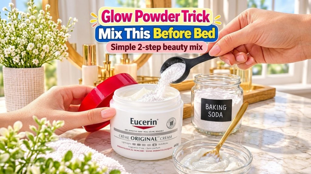 A hand pouring fine white baking soda powder from a black measuring spoon into an open jar of Eucerin Crème Original Ano