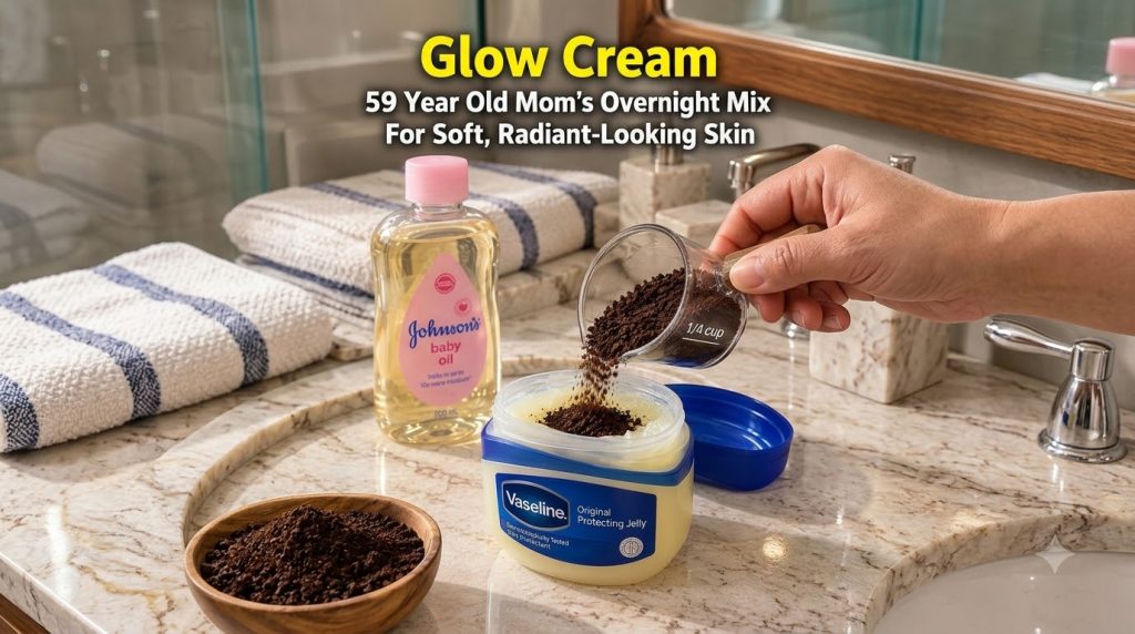 A hand pouring coffee grounds into a jar of Vaseline on a bathroom countertop with baby oil nearby
