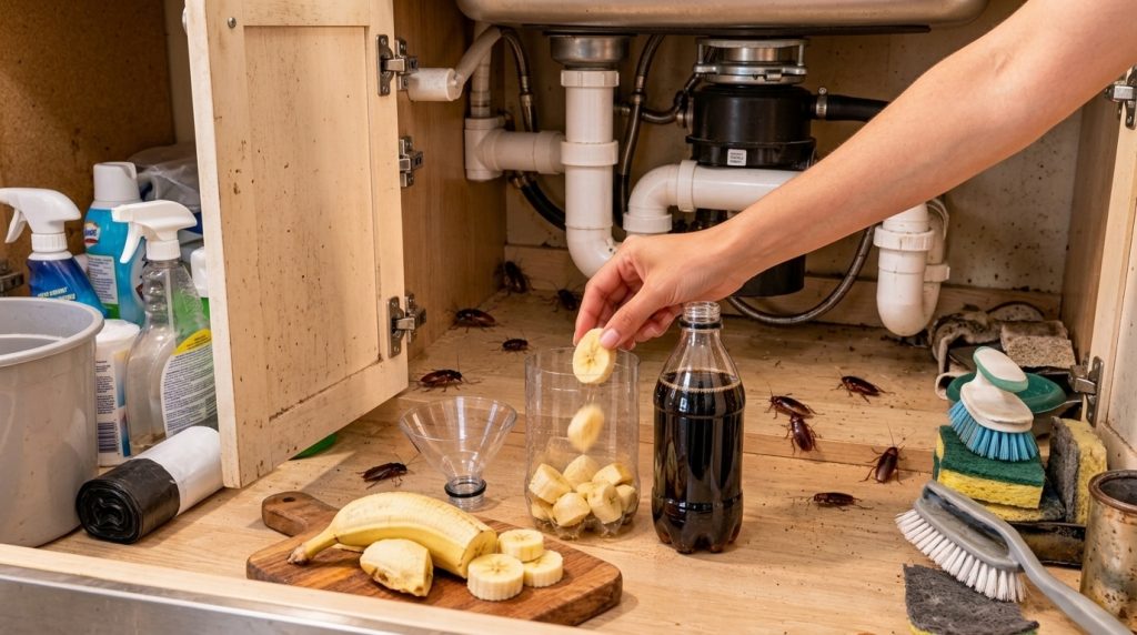 A person s hand dropping banana slices into a cut plastic bottle part of a homemade pest control setup with cola and mor