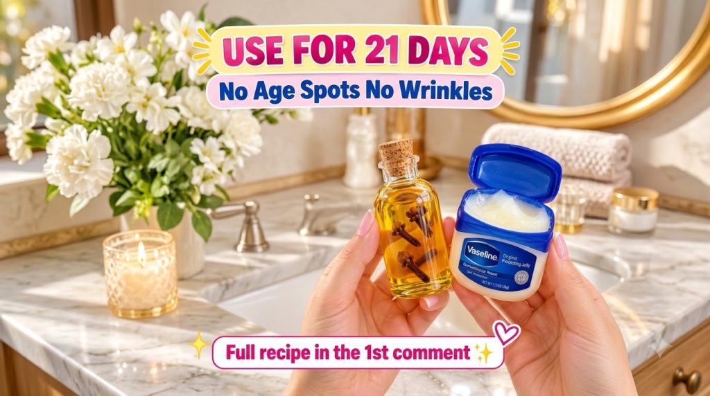 Hands holding a small glass bottle of clove oil next to an open jar of Vaseline with a blurred natural bathroom backgrou