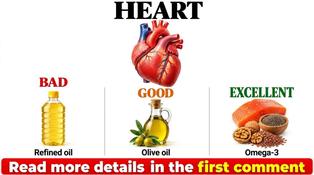 An infographic showing a heart at the top and below three columns BAD with refined oil GOOD with olive oil and olives an