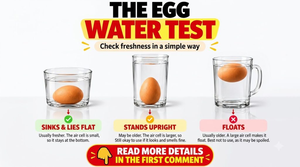 An infographic demonstrating The Egg Water Test with three glasses of water and eggs showing different levels of freshne