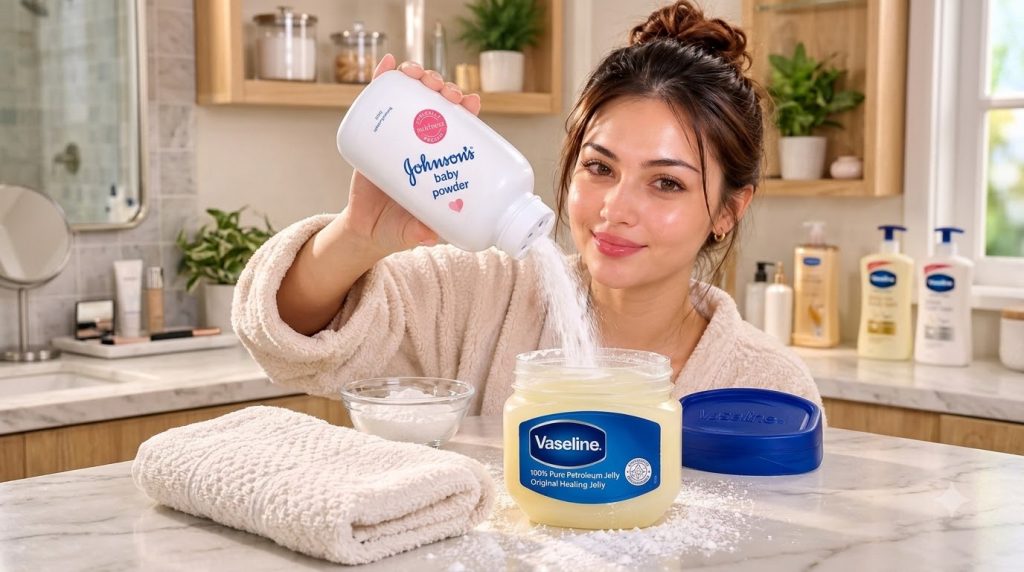 A smiling young woman in a bathrobe pouring Johnson s baby powder into a jar of Vaseline on a clean countertop