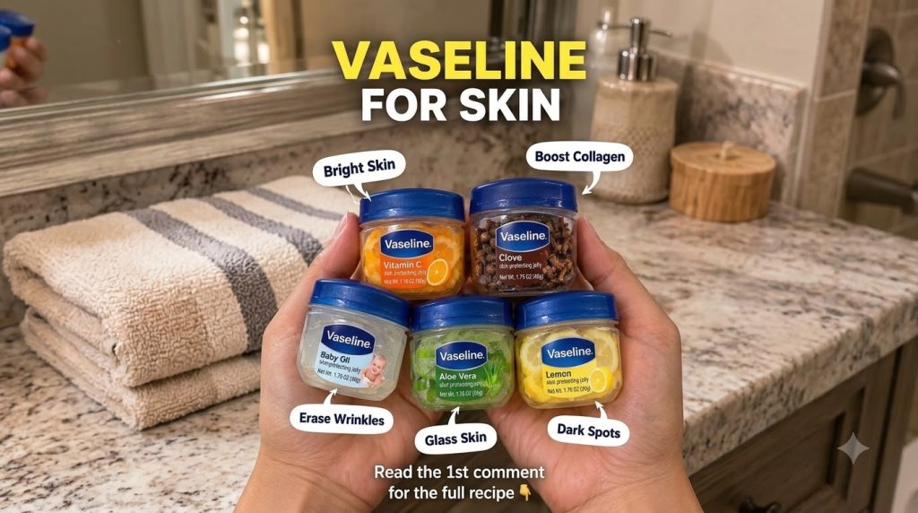 Hands holding five small jars of Vaseline jelly mixed with natural ingredients like Lemon Vitamin C Clove Baby Oil and A