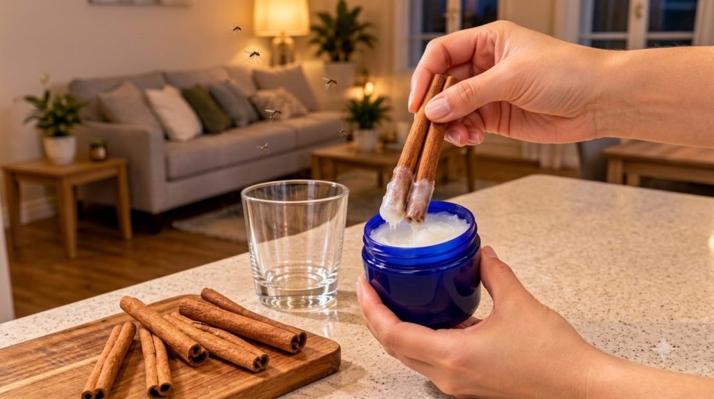 Hands dipping two cinnamon sticks into a blue jar filled with Vicks VapoRub with a blurred cozy living room and mosquito