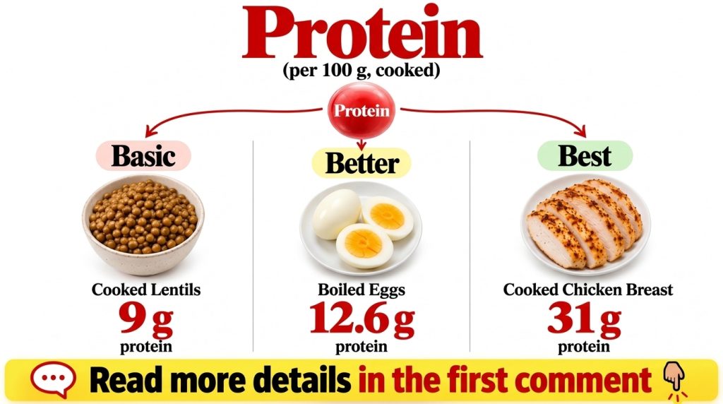 An infographic comparing the protein content of cooked lentils boiled eggs and cooked chicken breast showing a visual re