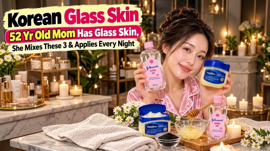 A young woman smiling and holding Johnson s Baby Oil and Vaseline Healing Jelly with bowls of honey and a granular subst