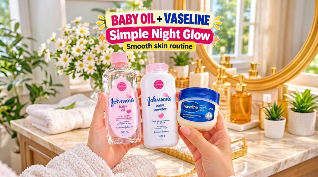 Three beauty products Johnson s Baby Oil Johnson s Baby Powder and Vaseline Original Protecting Jelly held in hands agai