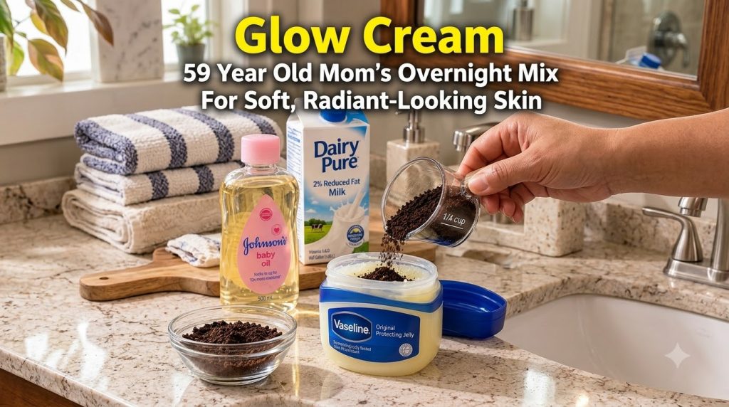 A close-up shot on a clean bathroom counter showing a hand pouring ground coffee into a jar of Vaseline with bottles of 