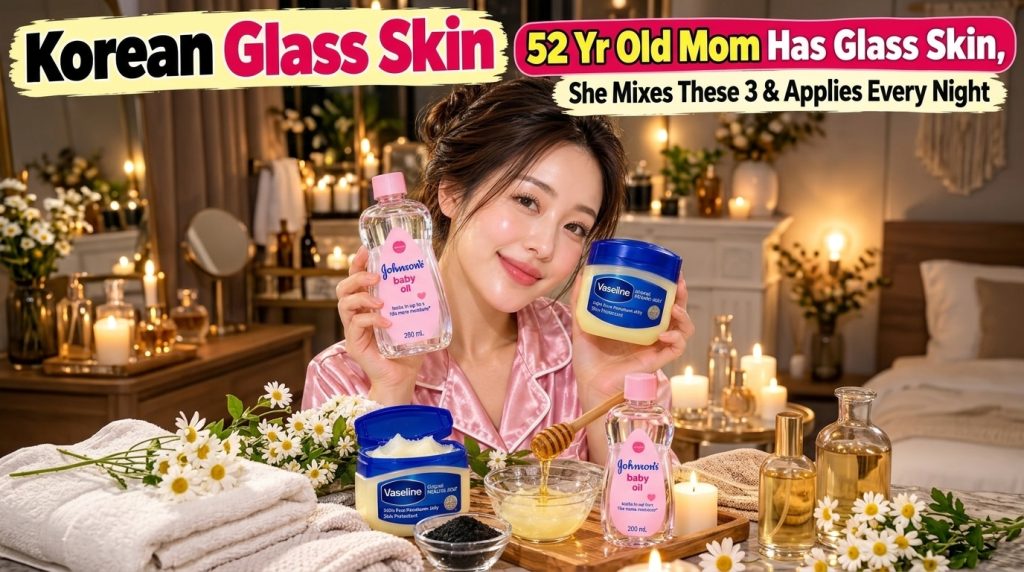 A smiling woman with radiant glass skin in pink pajamas holding Johnson s baby oil and Vaseline On a table below there a