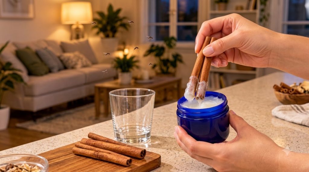 A pair of hands dipping two cinnamon sticks into a blue jar containing white cream Mosquitoes are visible in the blurred