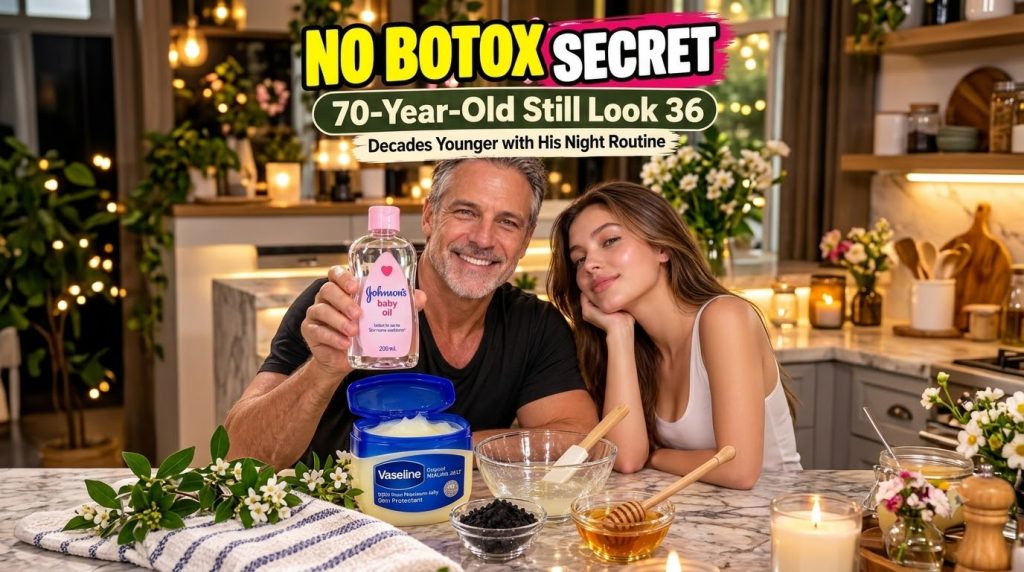 A smiling older man holds a bottle of Johnson s baby oil next to a younger woman with Vaseline and small bowls of natura