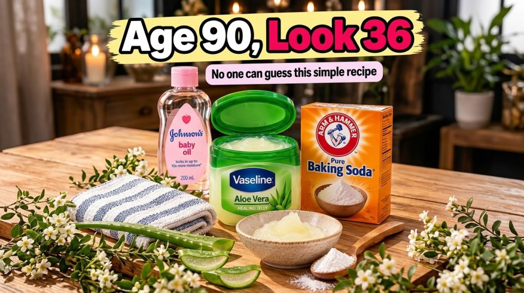 Various skincare ingredients for a DIY recipe including Johnson s baby oil Vaseline Aloe Vera Healing Jelly Arm Hammer P