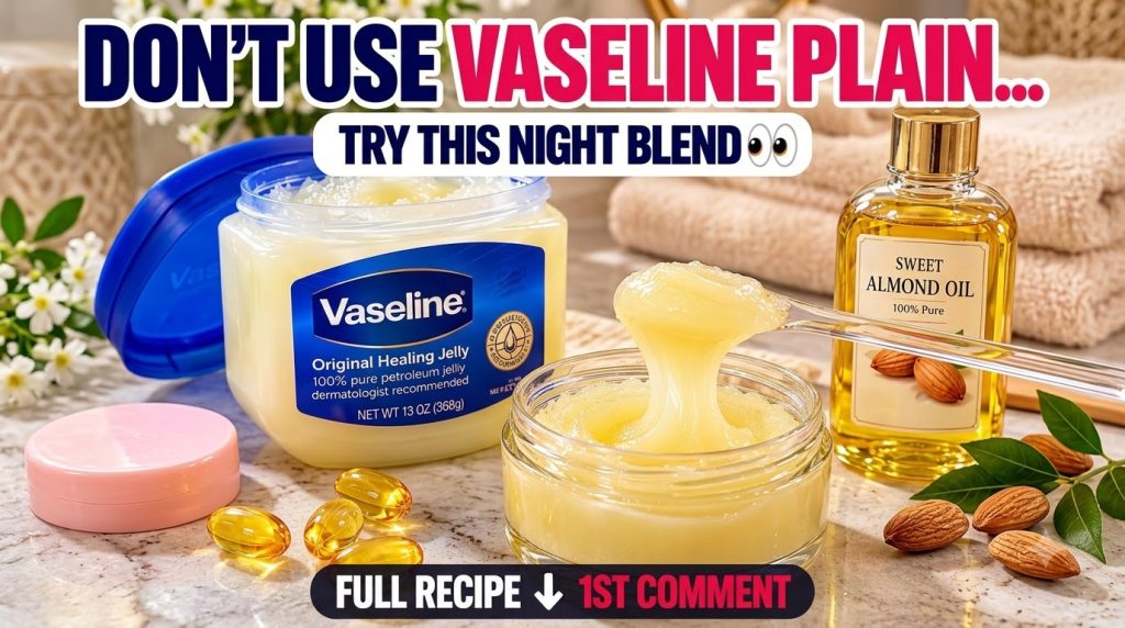 A prominent display of skincare ingredients a large jar of Vaseline Original Healing Jelly a bottle of Sweet Almond Oil 