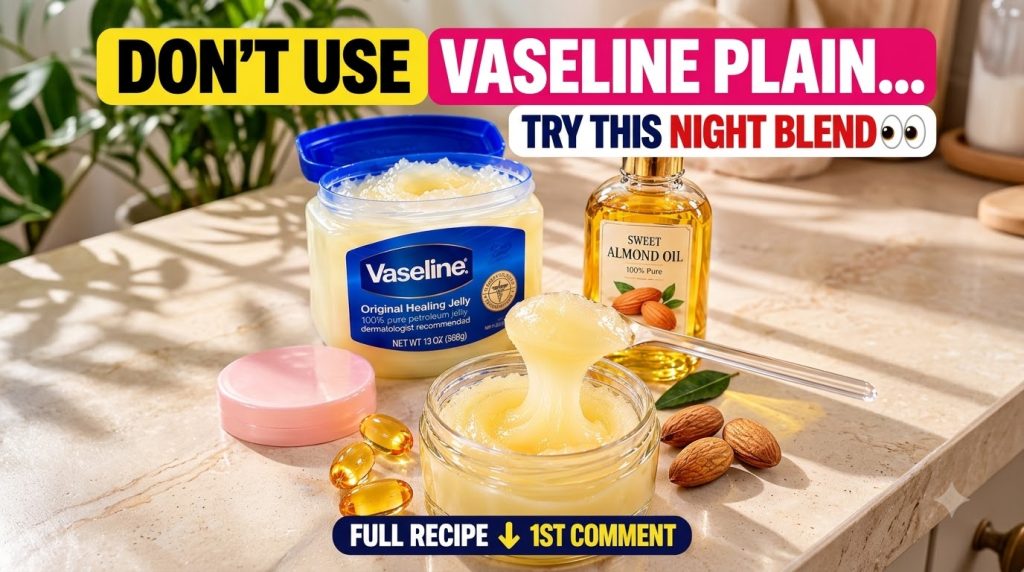 A flat lay showcasing a large tub of Vaseline a bottle of Sweet Almond Oil vitamin E capsules and a small glass jar with