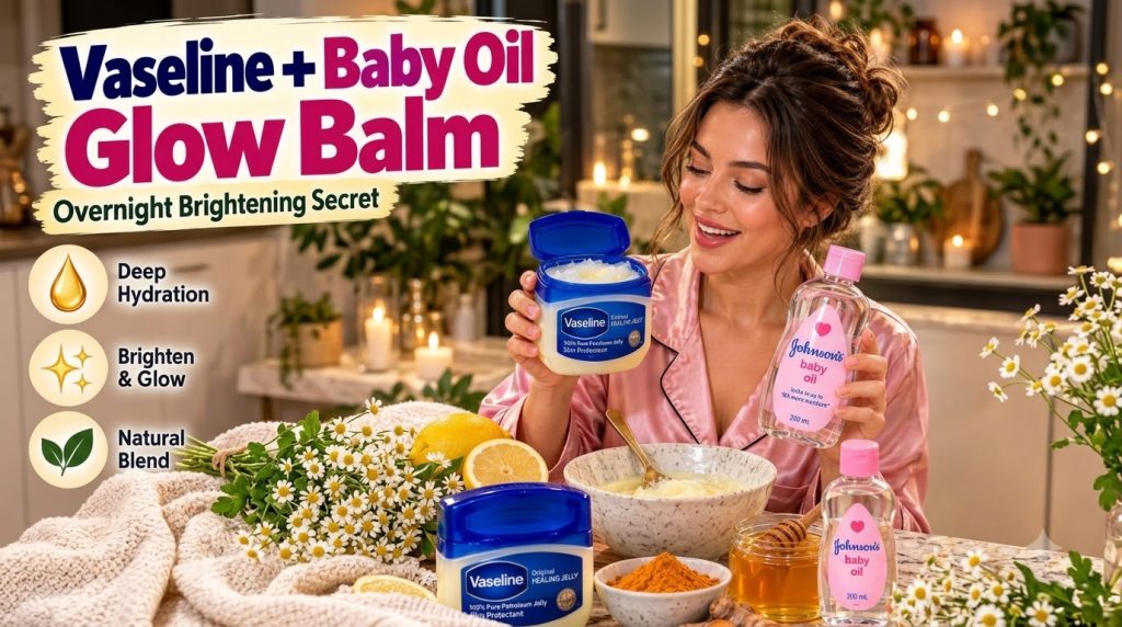 A smiling woman in pink pajamas holding an open Vaseline jar and a Johnson s Baby Oil bottle surrounded by natural ingre