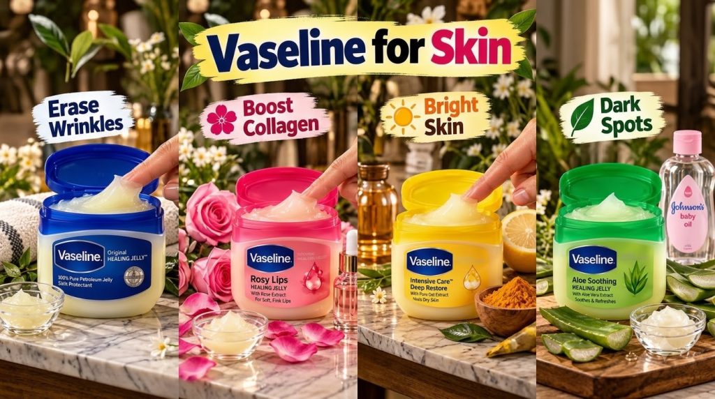 A vibrant vertical collage showcasing four different Vaseline Healing Jelly products in blue yellow pink and green packa