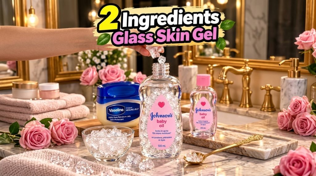 A hand dropping clear ice-like crystals into a large bottle of Johnson s Baby Oil with a jar of Vaseline a smaller baby 