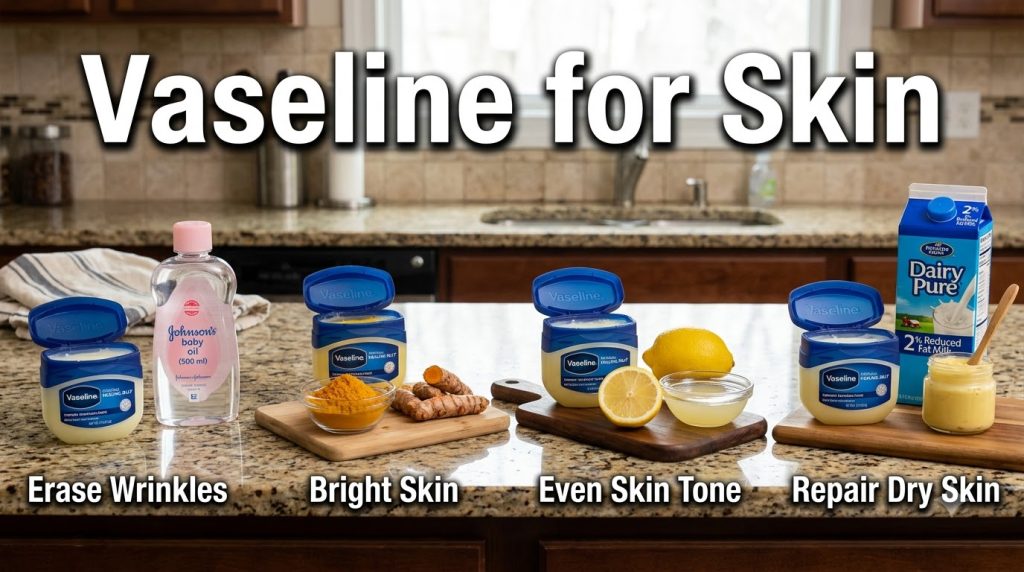 A 2x2 grid showing four different DIY skincare combinations with Vaseline and natural ingredients Top left Vaseline with