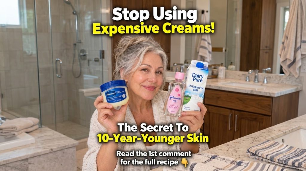 A smiling older woman in a bathrobe holding a jar of Vaseline a bottle of baby oil and a carton of milk in a modern bath