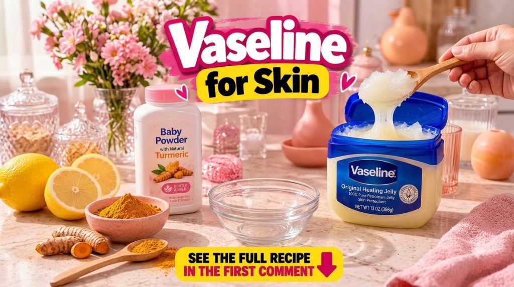 Ingredients for a DIY turmeric Vaseline and lemon face mask laid out on a light surface a jar of Vaseline a bowl of turm