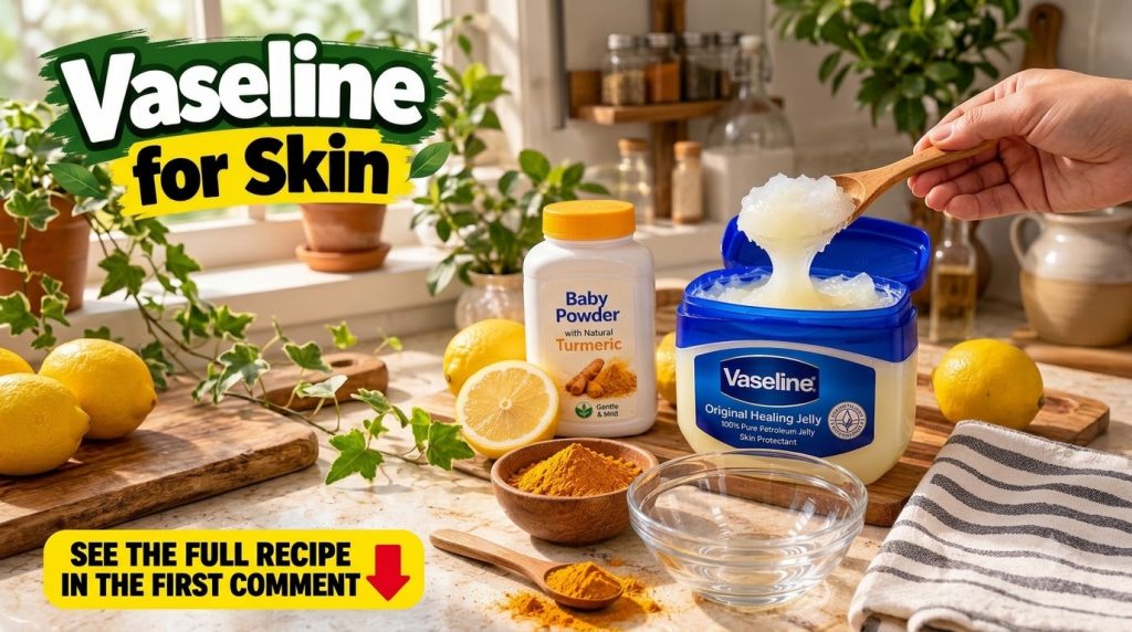 A hand scooping Vaseline from a jar with turmeric powder lemon halves and a mixing bowl arranged around it on a well-lit