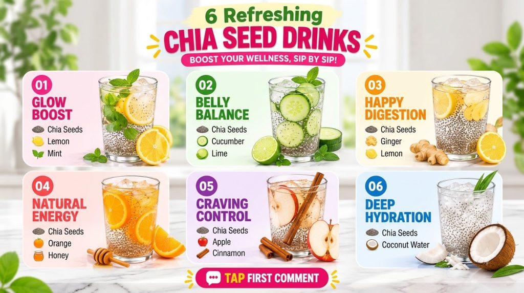 Six different chia seed drinks in clear glasses with various fruits like lemon cucumber lime ginger orange apple and coc