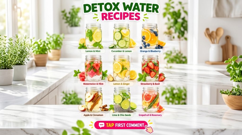 A grid of nine different detox water recipes in glass jars each with various fruit and herb infusions like lemon mint cu