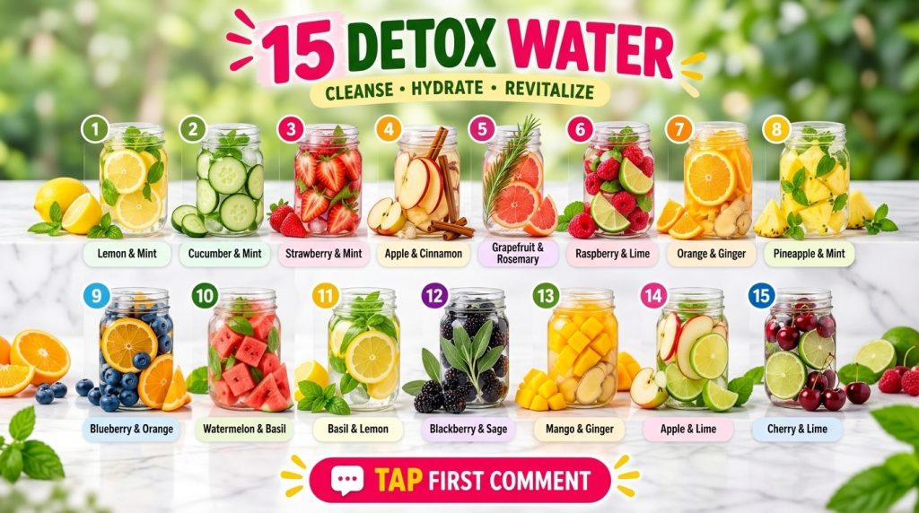 Fifteen glass jars filled with various fruit-infused water recipes each labeled with ingredients like lemon mint strawbe
