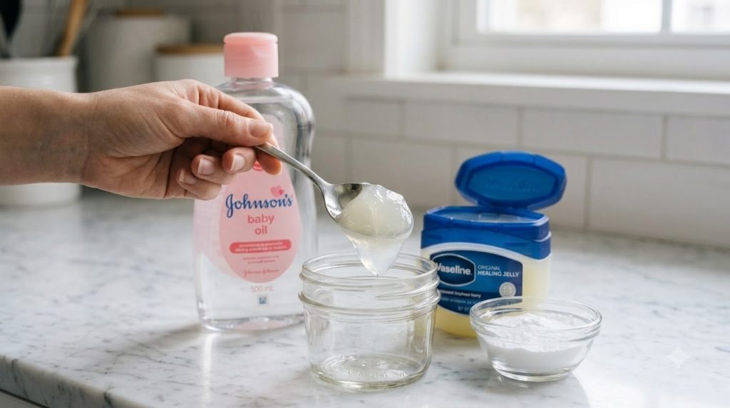 A hand holds a spoon with a clear viscous gel positioned above a small empty glass jar on a white marble countertop In t