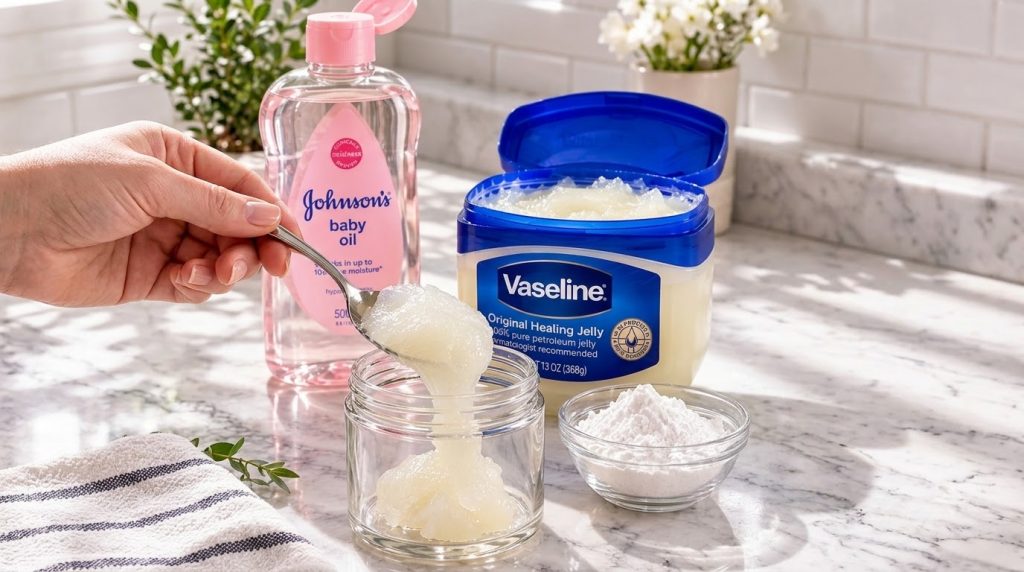 A hand using a spoon to scoop petroleum jelly from a large tub into a smaller empty clear jar on a marble countertop wit