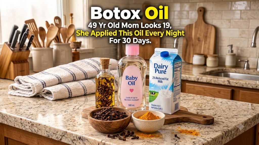 Various ingredients for a DIY beauty remedy including a bottle of clove oil baby oil a carton of milk whole cloves and t