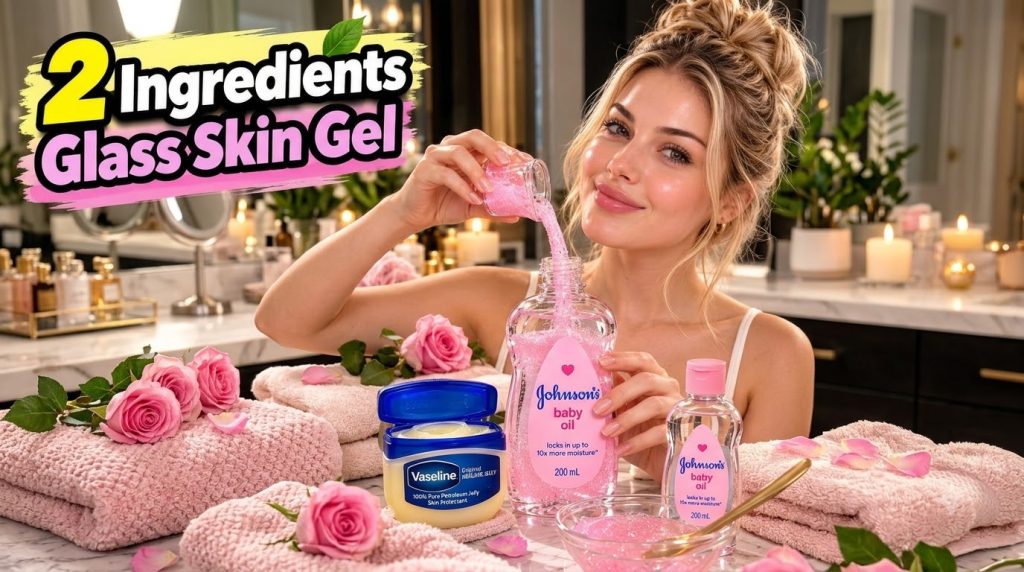 A smiling woman pouring a sparkling pink gel from a small glass into a large bottle of Johnson s baby oil surrounded by 
