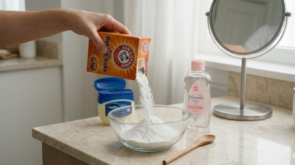 A hand pouring white baking soda from a box into a clear glass bowl with other natural beauty ingredients like a jar and