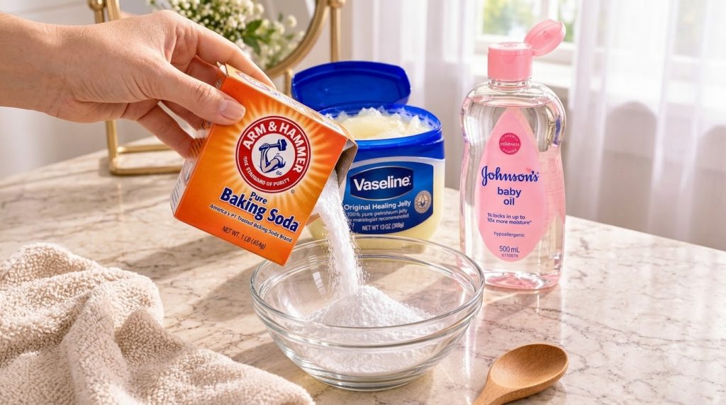 A hand pouring white baking soda from an Arm Hammer box into a clear glass bowl surrounded by open containers of Vaselin