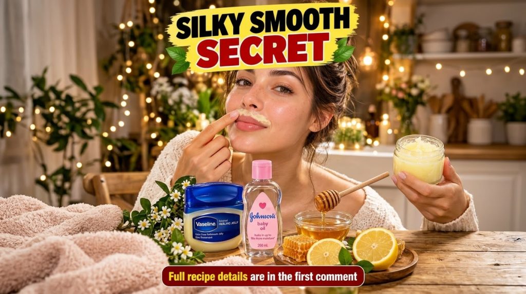 A woman gently applies a homemade scrub to her upper lip holding a small jar of the scrub Below her natural ingredients 