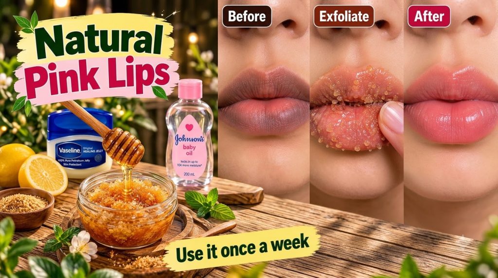 A collage showing DIY natural pink lips scrub ingredients honey sugar lemon mint Vaseline baby oil on the left and a Bef