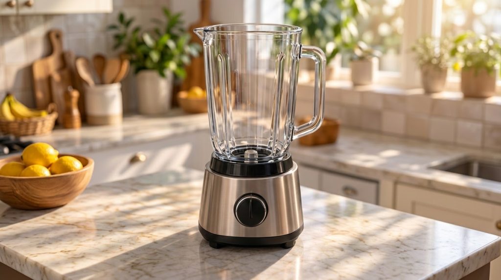 A vibrant creamy green smoothie in a clear glass garnished with a sliced banana a sprinkle of chia seeds and a few whole