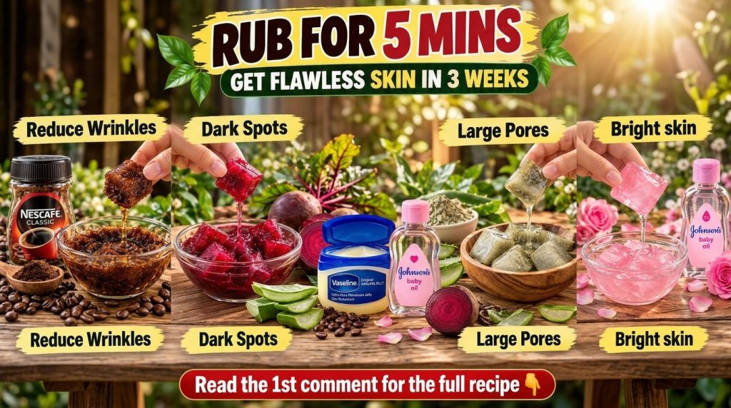 A vertical collage of six panels demonstrating DIY skincare recipes using common household and natural ingredients like