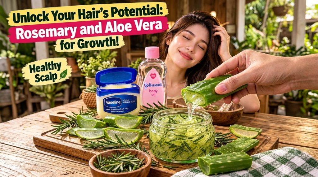 A hand squeezing fresh aloe vera gel into a glass jar which already contains fresh rosemary sprigs and a clear liquid Ot