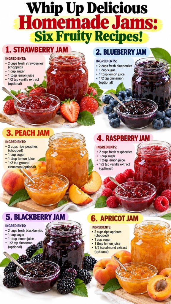 A vibrant array of six different homemade fruit jams in glass jars each with corresponding fresh fruit like strawberries