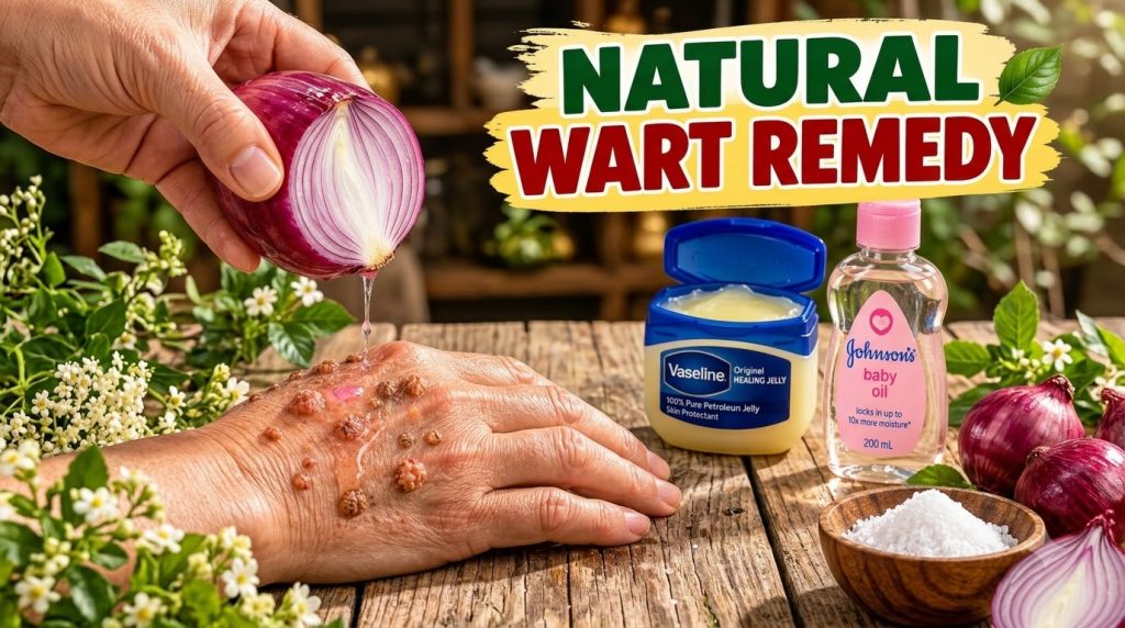 A hand with warts receiving drops of liquid from a freshly cut red onion In the background there s Vaseline baby oil and