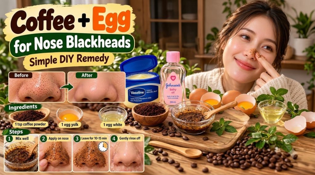 An infographic showcasing a DIY blackhead remedy with coffee and egg It features a smiling woman applying a scrub to her