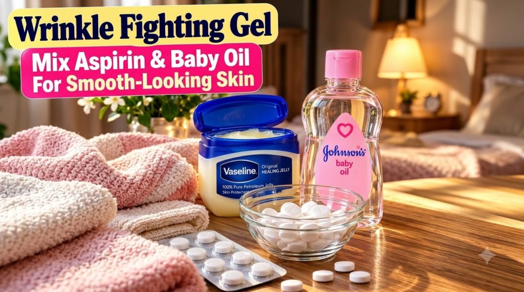 A flat lay of beauty ingredients an open jar of Vaseline a bottle of Johnson s Baby Oil a glass bowl with white aspirin 