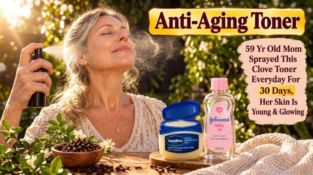 A woman with her eyes closed enjoying a fine mist spray on her face with skincare products like Vaseline baby oil and a 