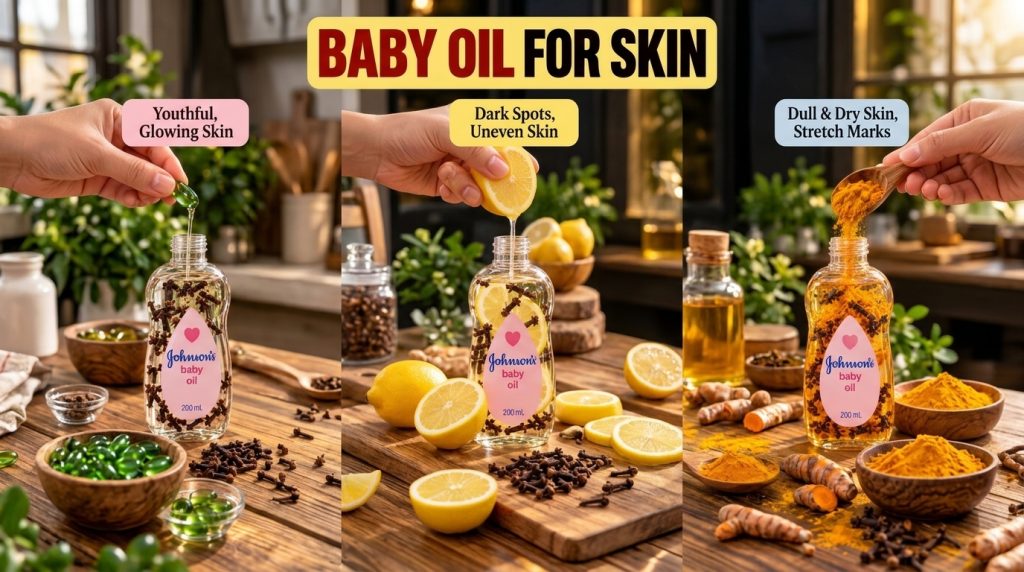 Three Johnson s baby oil bottles each infused with different natural ingredients One bottle contains a green capsule and