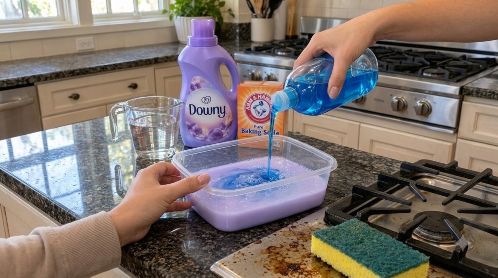 A hand pouring blue dish soap into a container with purple fabric softener and water actively mixing and bubbling A dirt
